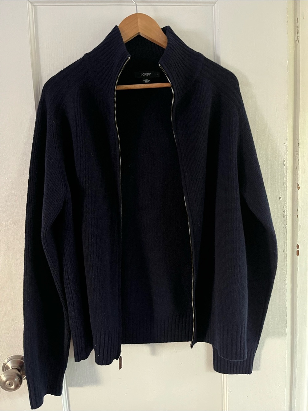 J.Crew Men's Size L Navy Blue Ribbed 100% Lambswool Full Zip Cardigan Sweater